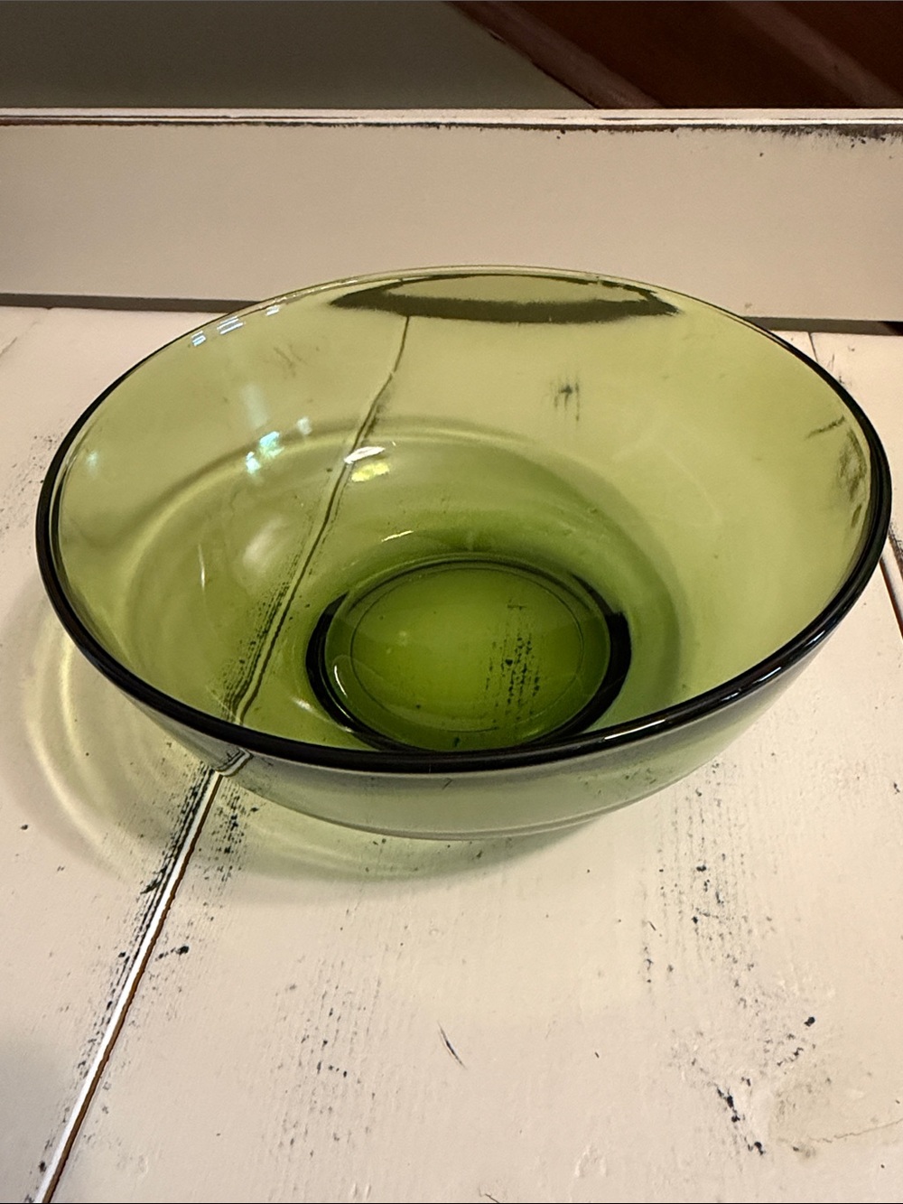Avocado green MCM glass serving bowl.  Likely Anchor Hocking but no marks.
